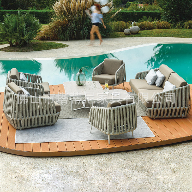 Villa jardín terraza ocio mesas y sillas al aire libre patio piscina resort mesa redonda impermeable muebles de tejido de cuerda solar image 4