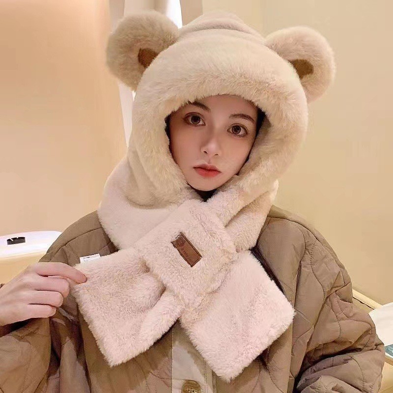 冬季毛绒帽子女可爱百搭围巾帽子一体加绒加厚保暖护耳帽骑车防寒|undefined