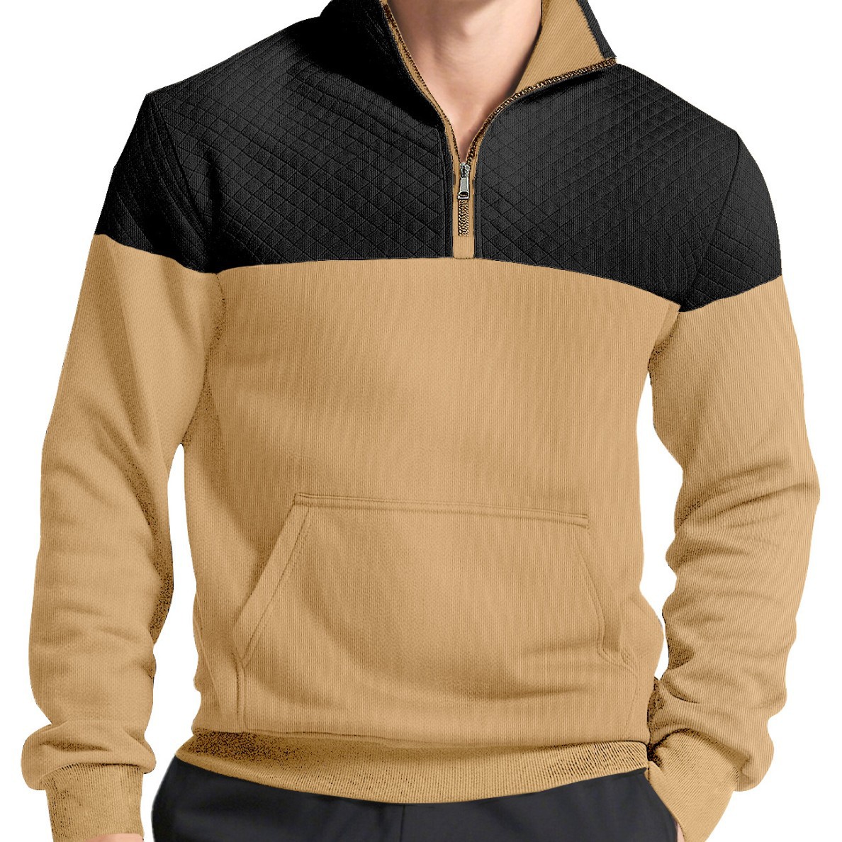 Monochrome Man- American Style Men's Waffle Casual Stand Collar Zipper Pullover Small Check Long Sleeve Sweatshirt TK_voghion.com