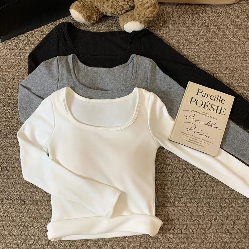 Autumn and Winter New Korean Style Square Collar Sanding Warm Long Sleeve Top Slim Fit with Chest Pad Base Clothes All-match Comfortable Women Autumn and Winter New Korean Style Square Collar Sanding Warm Long Sleeve Top Slim Fit with Chest Pad Base Clothes All-match Comfortable Women