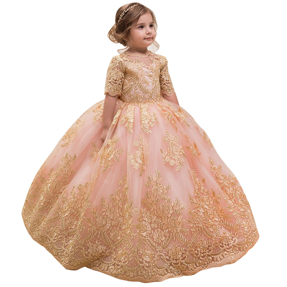 Vestido de niña para bodas transfronterizo, vestido de princesa hinchado de manga media con encaje para cumpleaños y actuaciones infantiles, vestido largo.