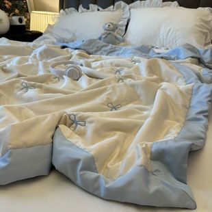 Fresh Blue Ice Silk Cool Summer Quilt with Bow Embroidery Double Air-Conditioned Quilt Machine Washable Summer Cool Quilt Single Thin Quilt
