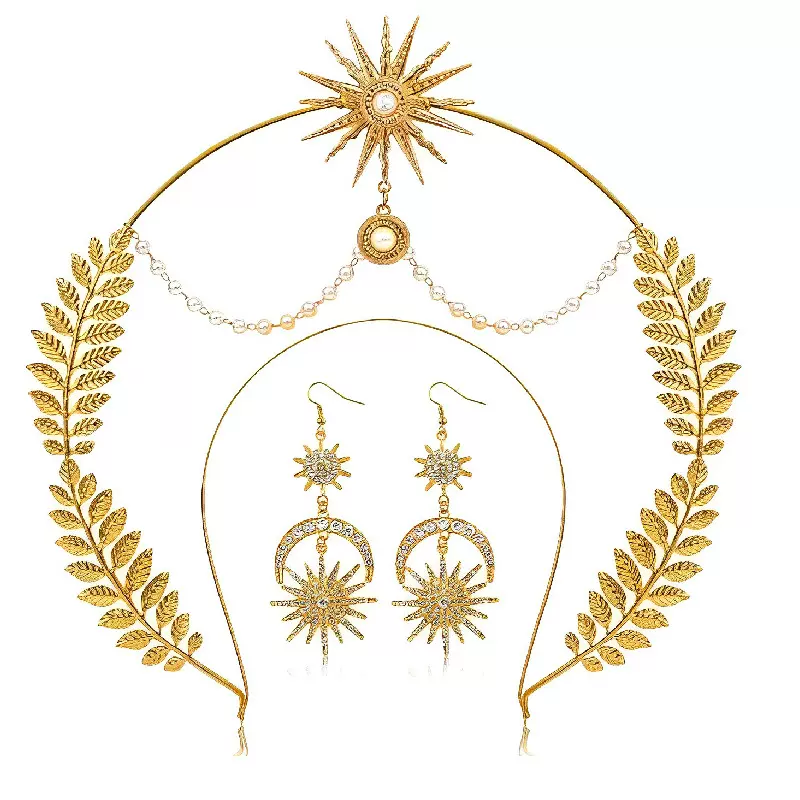 Halo皇冠光环耳环套装Boho风太阳女神双层波西米亚发箍钻闪亮发饰