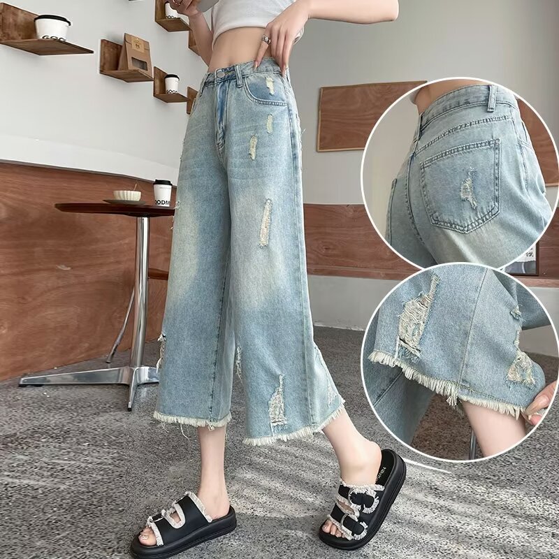 Vintage Dressed Ripped Jeans Women's Summer Thin High Waist Loose Wide Leg Pants Women's Short Cropped Casual Pants