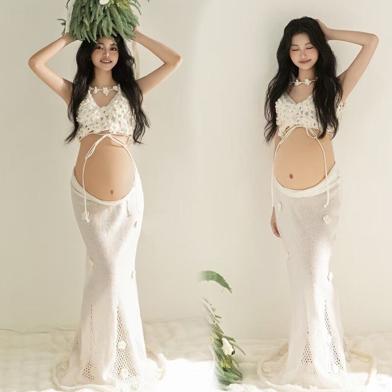 Autumn and Winter New Photo Studio Pregnant Women Photo Portrait Clothing Lazy Sweater Stereo Knitted Flower suit