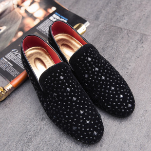 Men's Leather Shoes British Style Pointed Toe Rhinestone Sequin Slip-On Business Korean Style Nightclub Trendy Shoes Wedding Hairstylist Men's Shoes