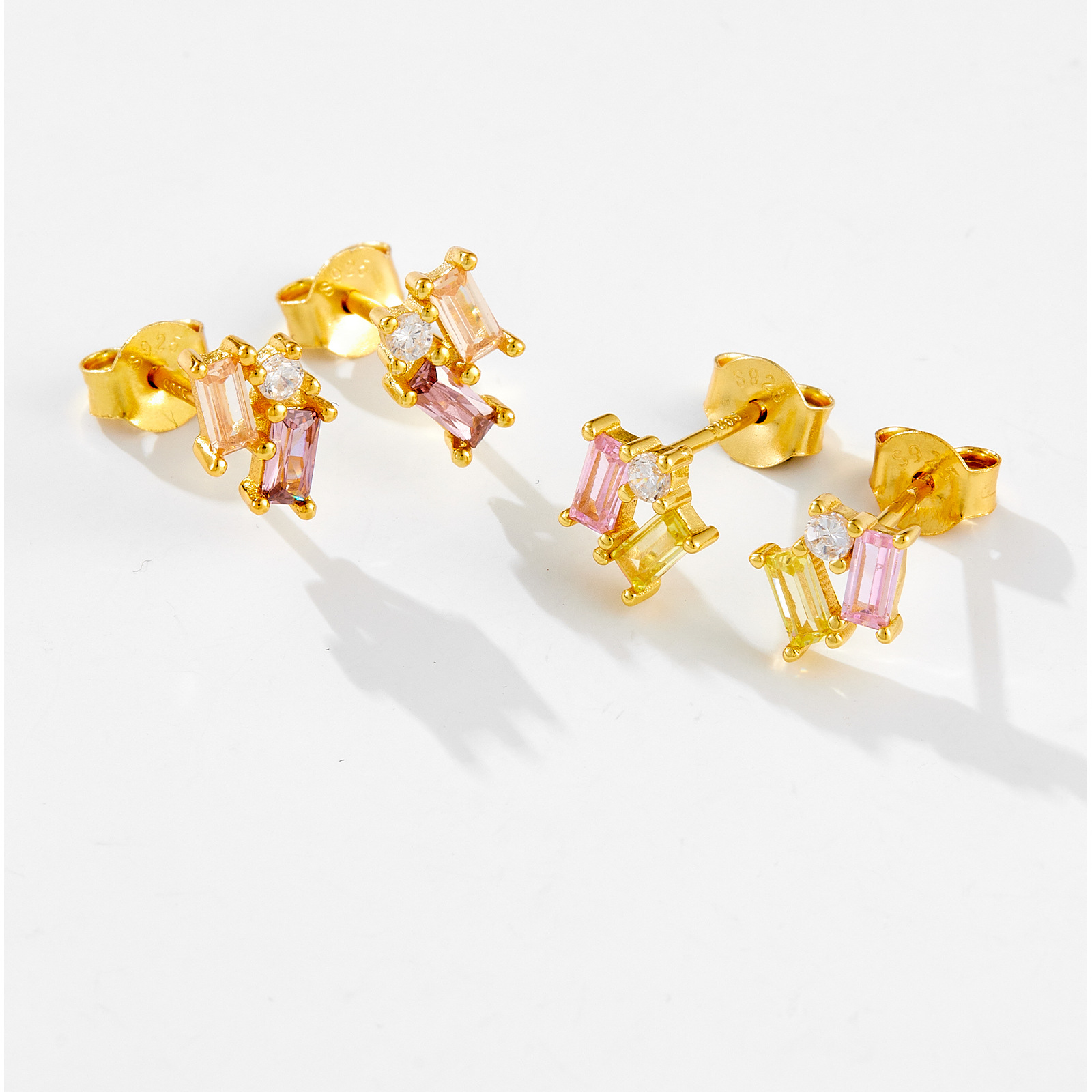 Electroplating Gold Plating Process 925 Sterling Silver Ear Needle Material 1 Pair 18K Gold Plated 925 Sterling Silver Zircon Rectangle Ear Studs
