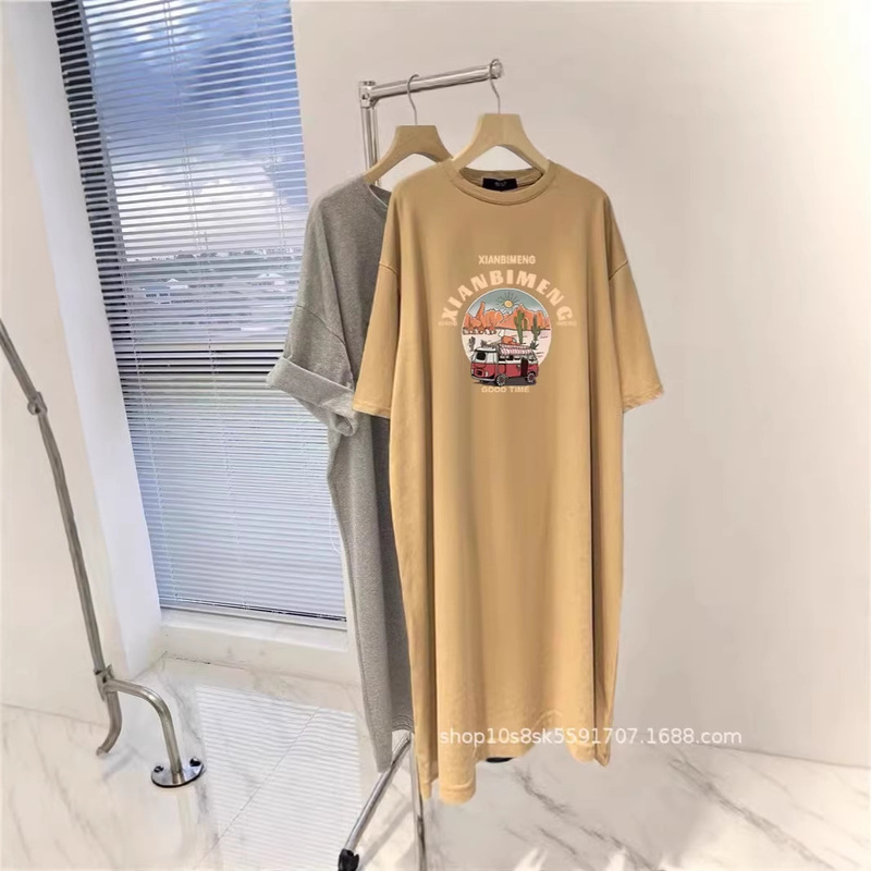 2026 New Summer Short-Sleeved T-Shirt Dress Korean Style Loose Knee-Length Dress Ins Fashion Dress Women's Mid-Length Summer Dress