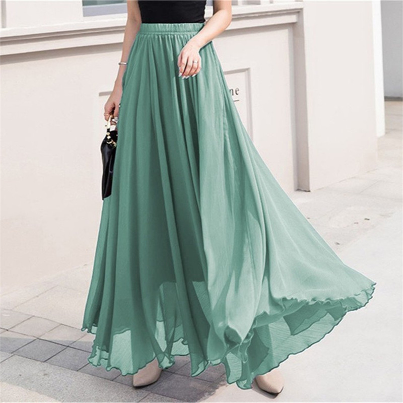 Independent Station Amazon Foreign Trade Women's Clothing European and American Spring and Summer New Solid Color Chiffon Skirt Women's High Waist Long Skirt Independent Station Amazon Foreign Trade Women's Clothing European and American Spring and Summer New Solid Color Chiffon Skirt Women's High Waist Long Skirt