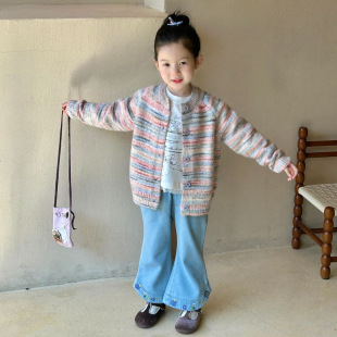 2024 autumn new children's clothing Korean children's clothing girls color sweater cardigan knitted sweater coat