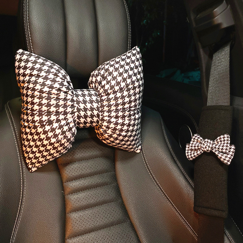 Houndstooth Car Interior Headrest Neck Pillow Women's Winter Cute Car Seat Belt Shoulder Guard Gear Handbrake Cushion