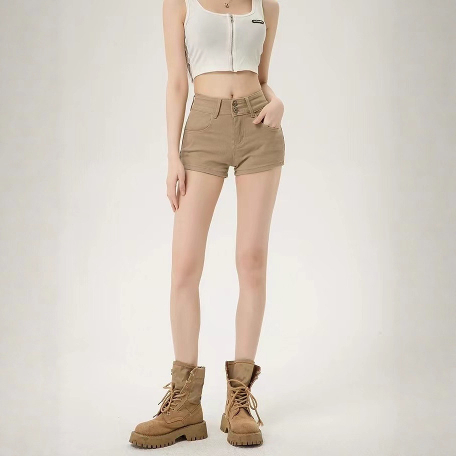 Plus Size Hot Girl High Waist Double Button Hip-Enhancing Denim Shorts for Women 2025 Summer New Khaki Slimming Hip-Enhancing Hot Pants