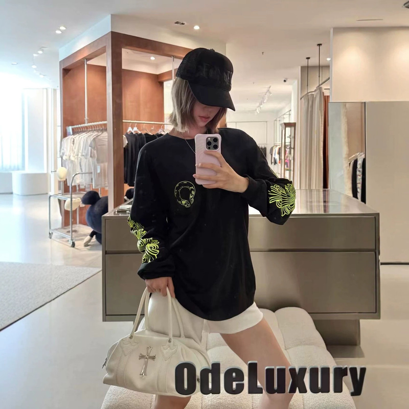 New cross-border high-end CH fluorescent horseshoe Sanskrit dragonfly long-sleeve T-shirt for men and women, casual loose fit TEE