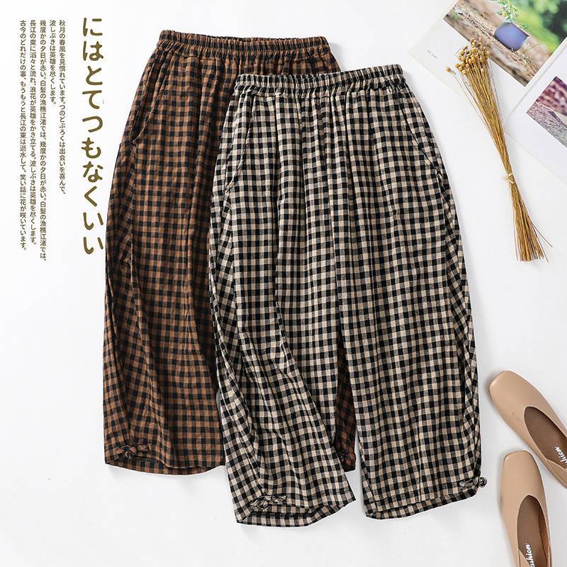 Summer Plaid Cotton Pants Women's Retro Artistic Loose Casual Buckle Hallen Pants