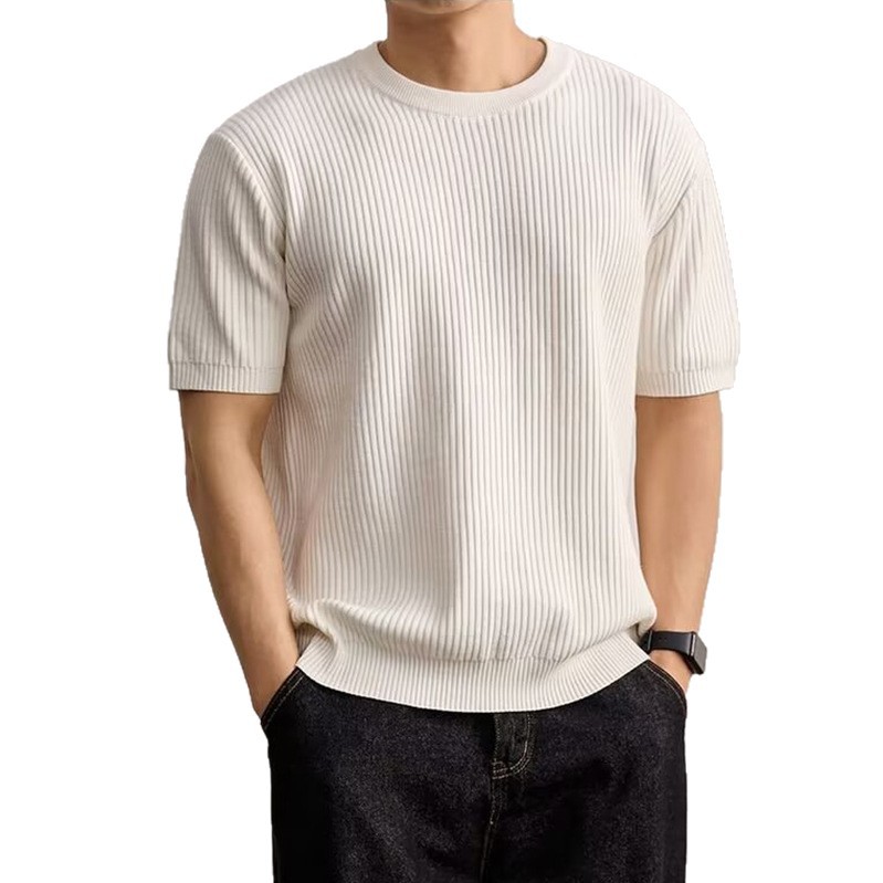 camiseta de punto camiseta de manga corta hombre elástico agujero vertical rayas viejos negocios hielo seda fábrica transfronteriza al por mayor