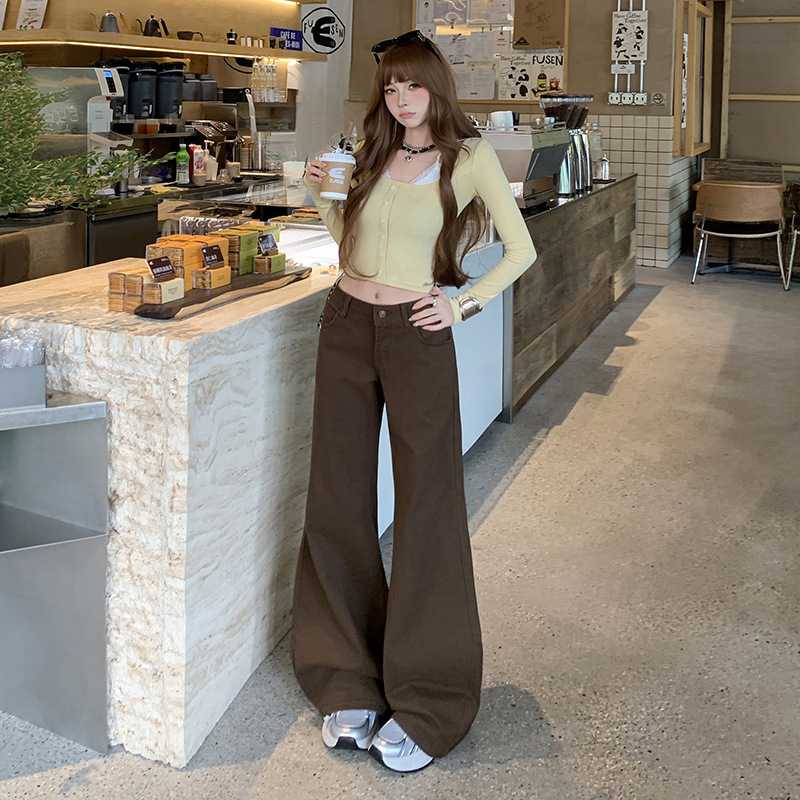 Brown Coffee-Colored Low-Waist Flared Jeans for Women, 2025 Autumn and Winter New Style, Slimming Without Sticking to the Legs, Flared Pants