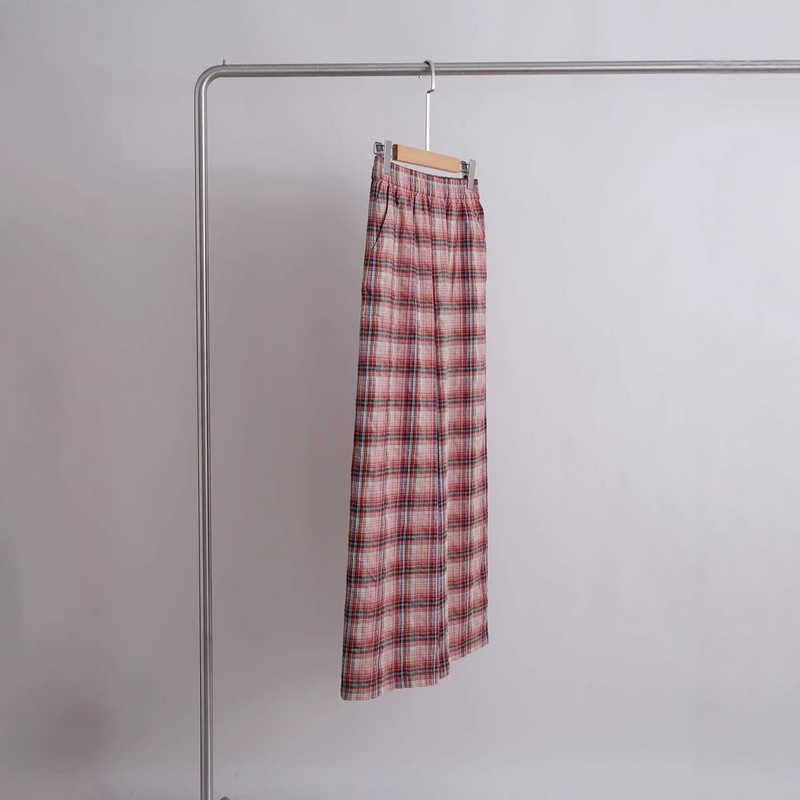 Dry and Soft Yarn-Dyed Plaid Cotton-Linen Wide-Leg Casual Pants with Elastic Waistband Dry and Soft Yarn-Dyed Plaid Cotton-Linen Wide-Leg Casual Pants with Elastic Waistband