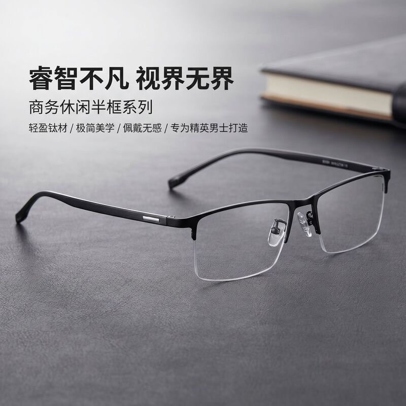 Business Casual Men's Half-Rim Glasses 9102 High-Quality Metal Myopia Glasses Frame Tmall Hot-Selling Comfortable Frame Business Casual Men's Half-Rim Glasses 9102 High-Quality Metal Myopia Glasses Frame Tmall Hot-Selling Comfortable Frame