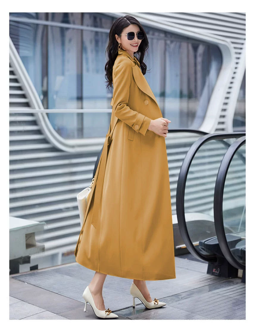 Осеннее удлиненное пальто-тренч, длинная подтяжка, slim fit, большой размер