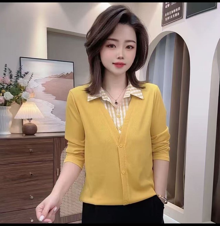 一件代发2025秋季新款时尚气质百搭减龄假两件拼接衬衫领长袖上衣|undefined