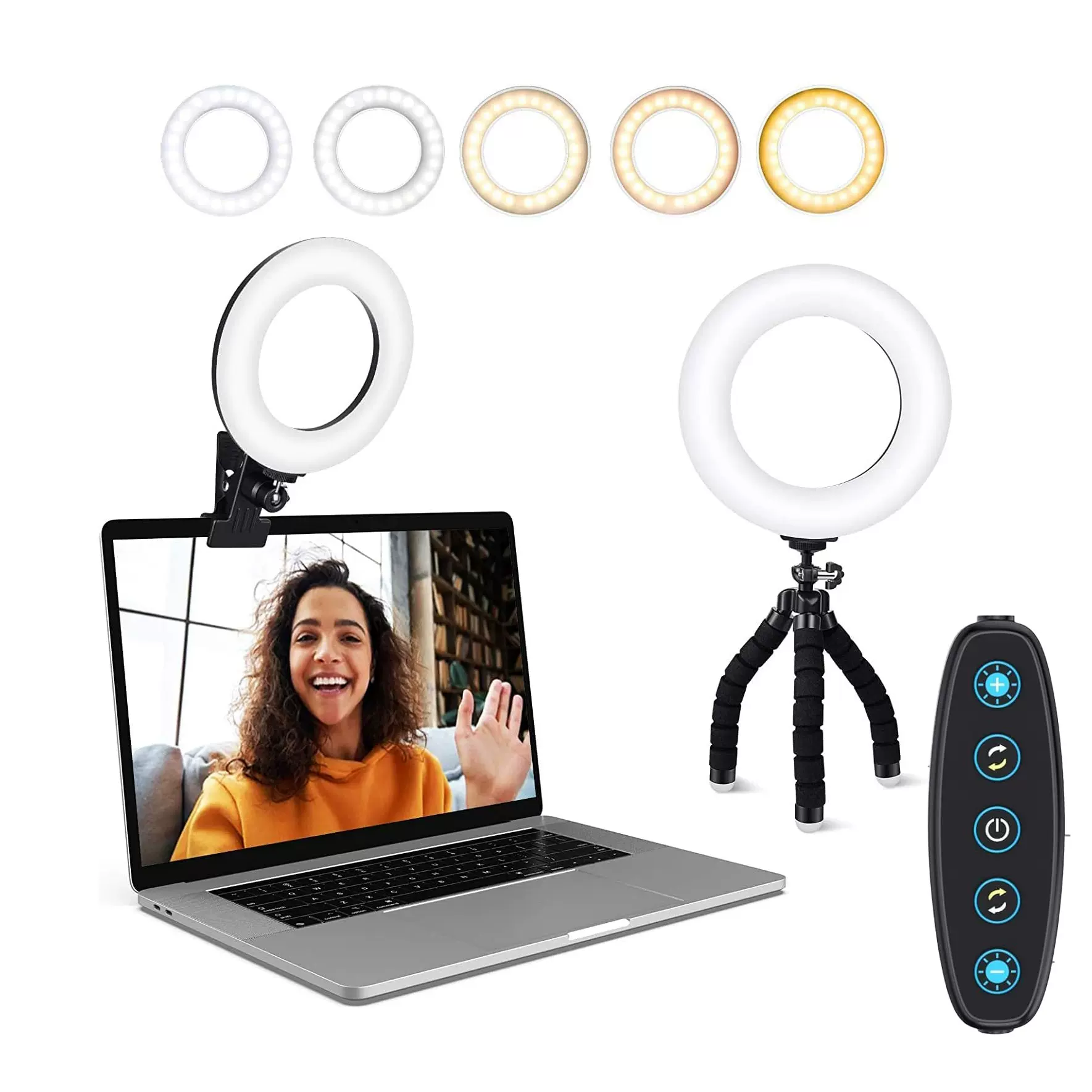 亚马逊5色变光4.5寸环形补光灯桌面电脑视频会议直播灯大力夹子灯