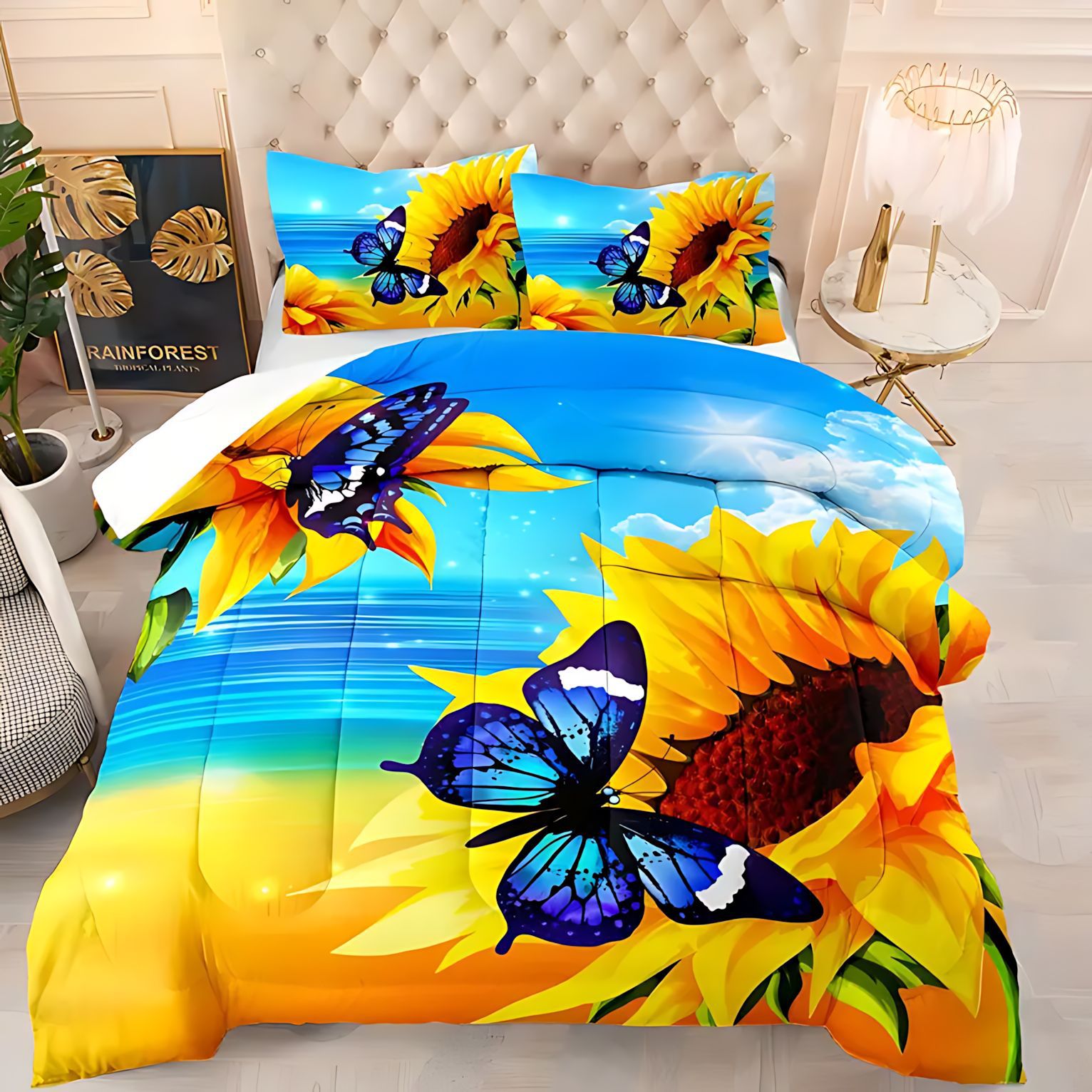 TEMU / JIT transfronterizo direccional girasol tema de impresión digital HD 180gms colcha colchón conjunto de almohada