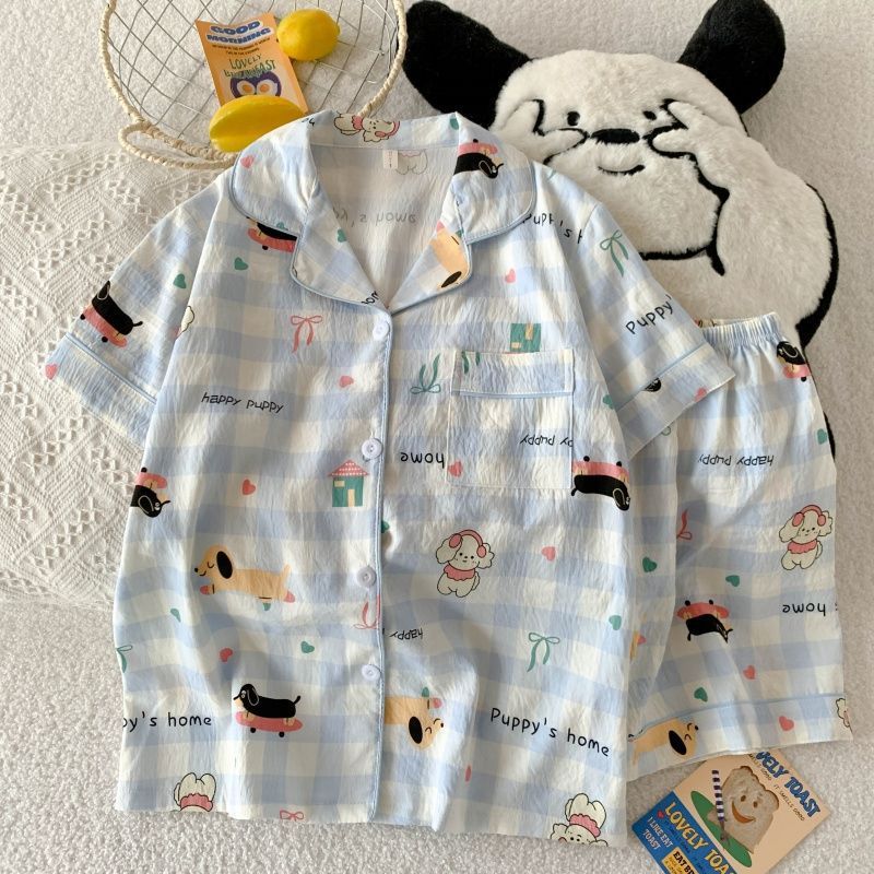 Comercio exterior de Vietnam verano nuevo estilo nube rebeca de algodón solapa dulce pijama de dibujos animados pantalones cortos de manga corta traje de servicio a domicilio para mujer