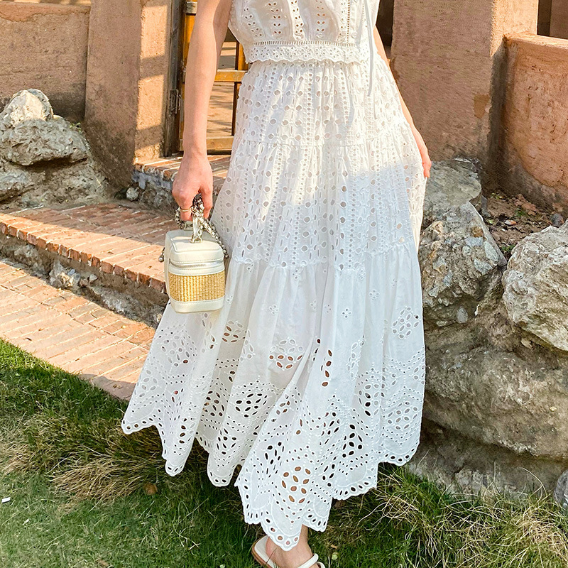 Shenzhen Nanyou Women's Hollow White Skirt Women's Summer Large Swing Long Skirt Holiday Style Women's Skirt Long Skirt