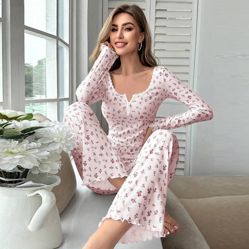 Cross-border European and American Autumn and Winter Home Clothes Sexy Fashion Lace Collar Button Long Sleeve Pants Pajamas Two-piece Suit for Women
