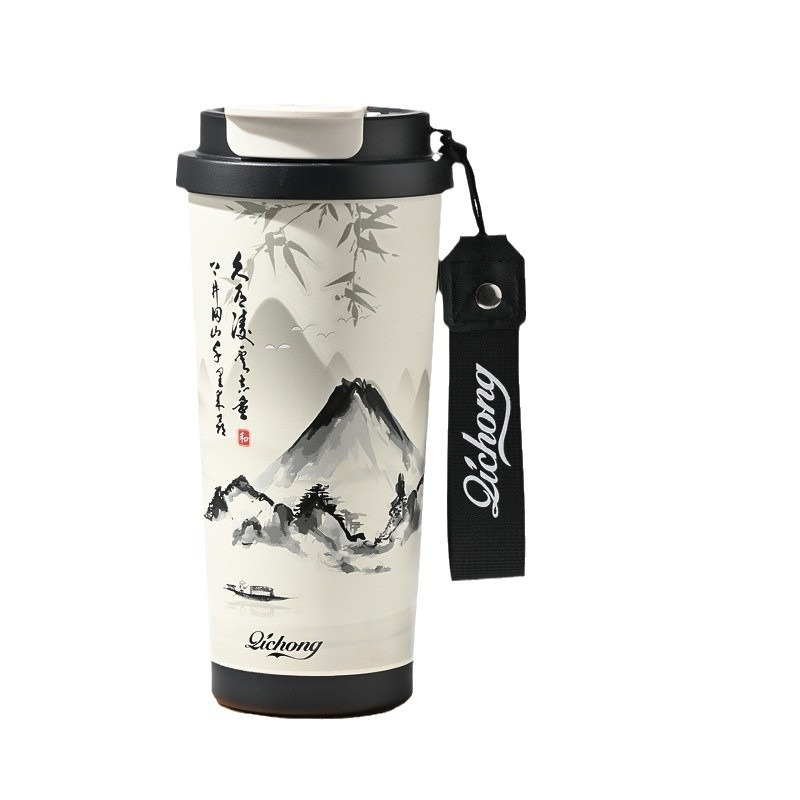 新中式国风保温杯水墨画咖啡杯防漏礼品杯带提绳便携杯子吸管水杯