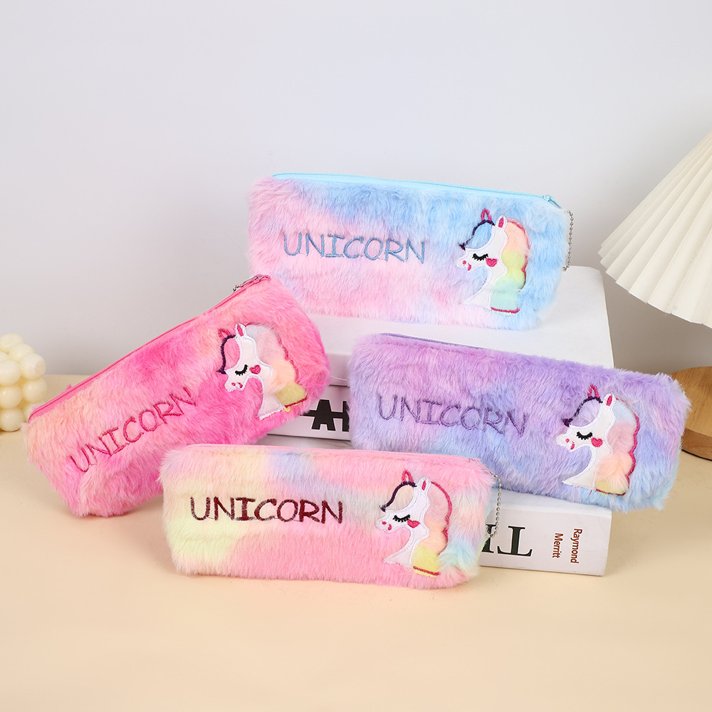 Nuevo bolso de pluma de peluche Gradiente Tie Tie Tie Tie Bag Papelería Unicornio Papelería Bolsa de almacenamiento creativa transfronteriza Regalos para niños