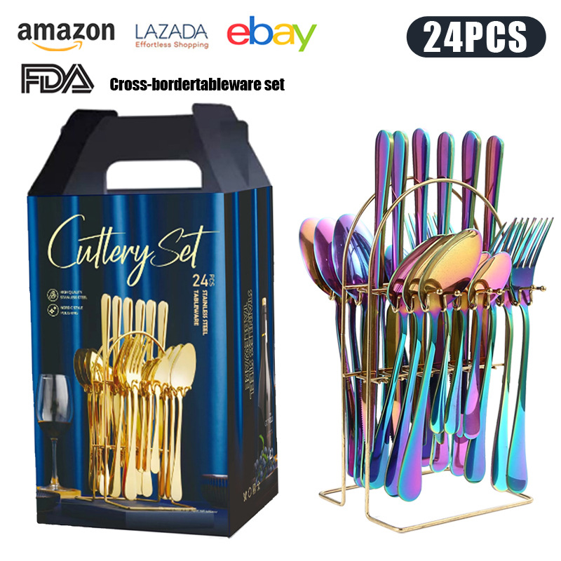 Venta caliente transfronteriza cuchillo de acero inoxidable, tenedor y cuchara traje de vajilla Caja de regalo de 24 piezas 1010 comida occidental cuchillo y tenedor de cuchara chapados en oro