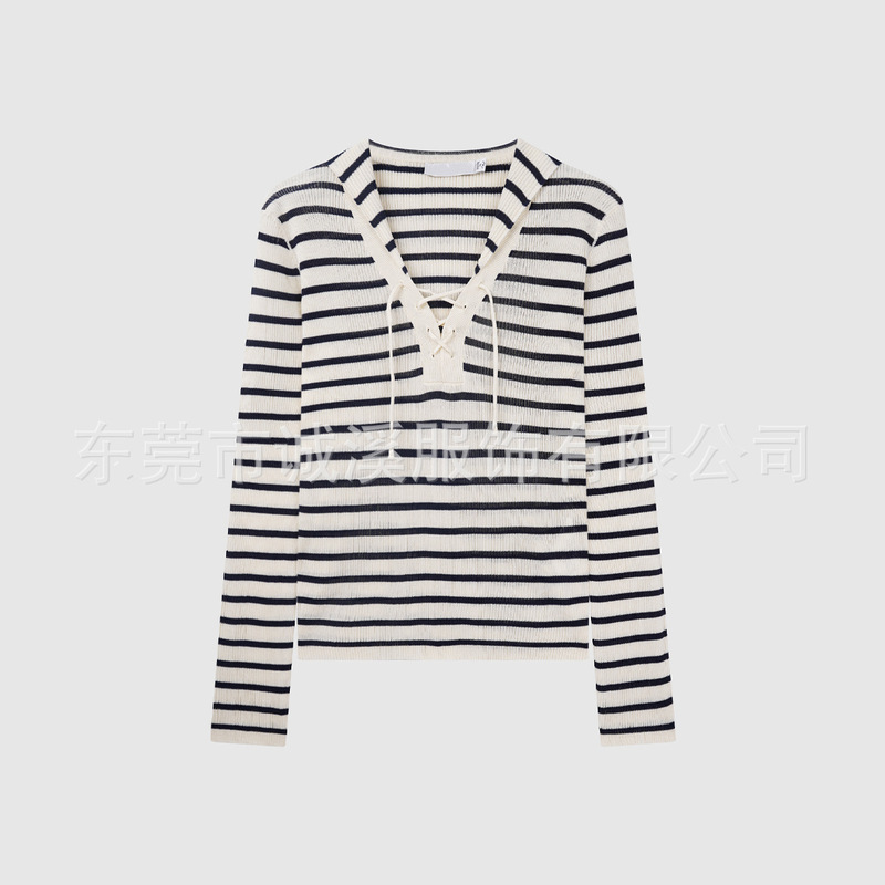 [D's Navy Collar Drawstring Jacquard Striped Blouse] 2025 Summer New Fashion Commuting V Neck Long Sleeve Top