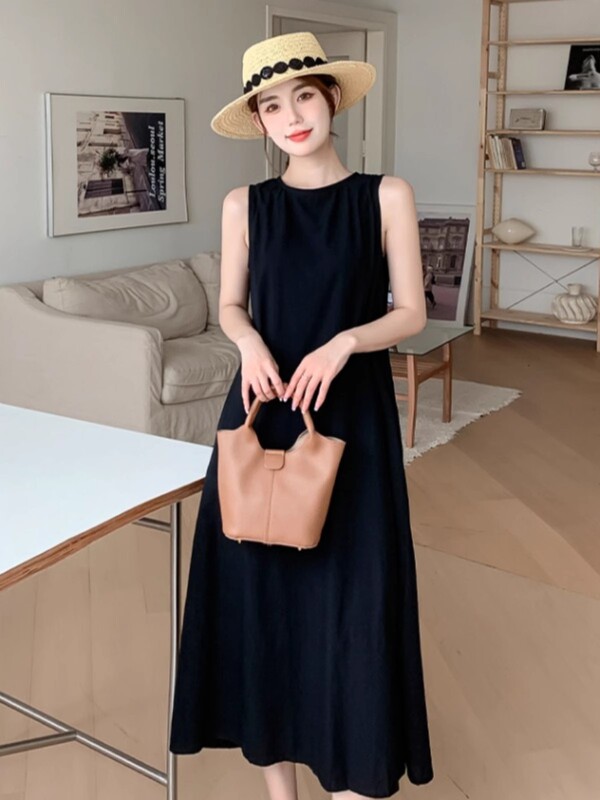 Casual Elegant Draped Dress for Daily Commuting, Plus Size Fat mm Slimming Look Straight Backless Dress, Vest Dress, Long Skirt