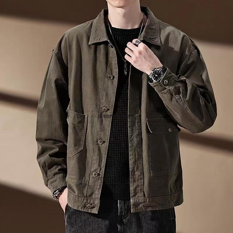 American retro workwear-style casual brown denim autumn jacket for men, loose fit, trendy, versatile, and breathable