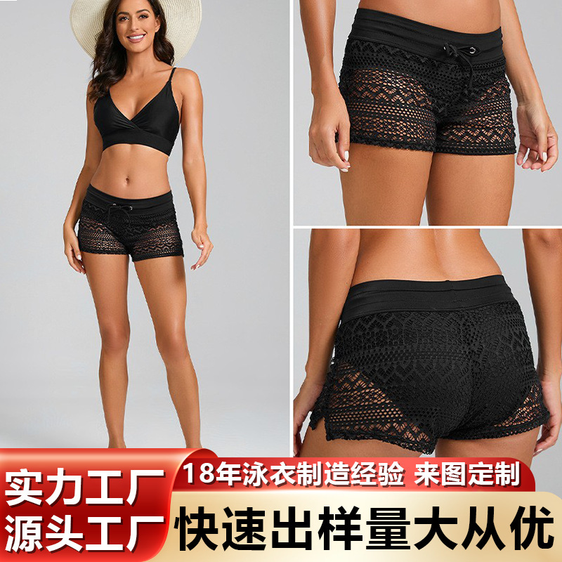 Cross-border New Solid Color Bikini Sexy Slim-fit Crossed High Waist Belly Covering Strap Waist Split Swimsuit Women's Swimming Trunks