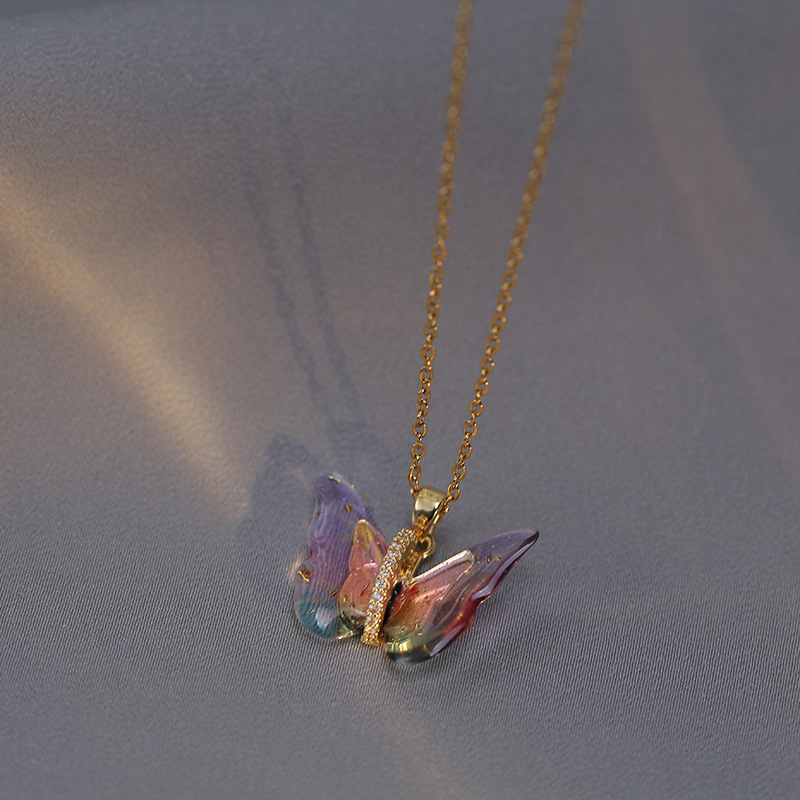 Sweet Butterfly Titanium Steel Inlay Zircon Pendants Pendant Necklace display picture 4