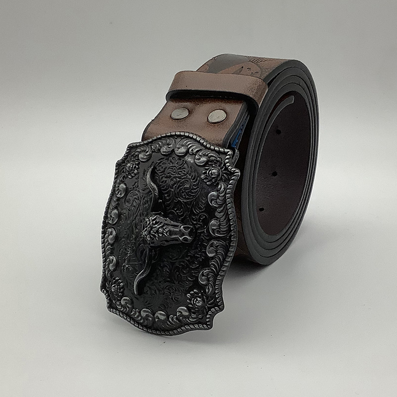 Nuevo cinturón de mezclilla occidental transfronterizo para hombres, hebilla de cabeza de toro impresa pesada, cinturón de cuero retro de moda al por mayor