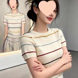 夏季新款修身显瘦圆领上衣韩系甜美学院风彩色条纹短袖针织衫女装