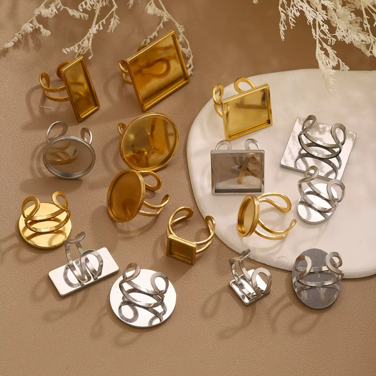 不锈钢镀金可调节戒指时光宝石托盘底托椭圆形 DIY戒指饰品配件