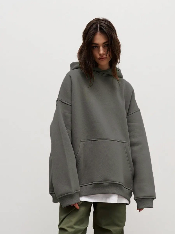 Áo hoodie nỉ lông dáng rộng có mũ và túi, tay dài, dáng unisex — Màu cà phê, Màu hồng, Màu xám, Màu đen chi tiết 65