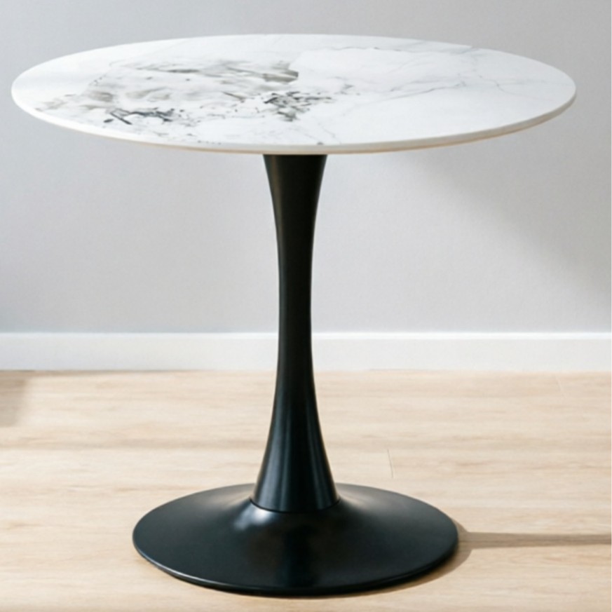 Italian-Style Minimalist Black-Legged Round Table for Hotel Restaurant Private Rooms, Wear-Resistant Slate Tabletop, Round Meeting and Negotiation Table