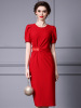 Hip wrapped dress with waistband and studded beads for wedding banquet， mom's formal dress， summer style