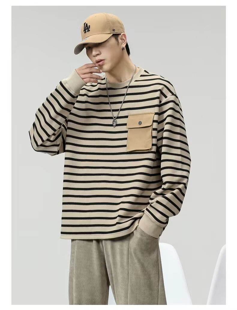 2024 Autumn and Winter Men's Heavy Workwear Pocket Long Sleeve Top Striped All-match Pullover Crewneck Sweater T-shirt Ins