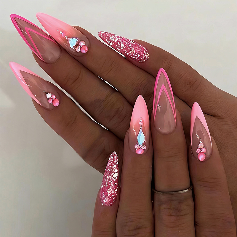 Cross-Border Popular Wearable Nails French Color-Changing Sequin Fake Nails Sweet Sparkling Almond Nails European and American Hot Girl Style Wholesale
