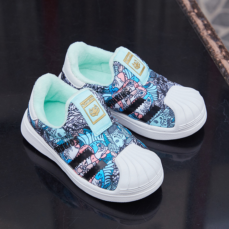 Autumn Winter New Board Plush Men's One Step Push Shell Head Children's and Girls' Baby Cotton Shoes_voghion.com