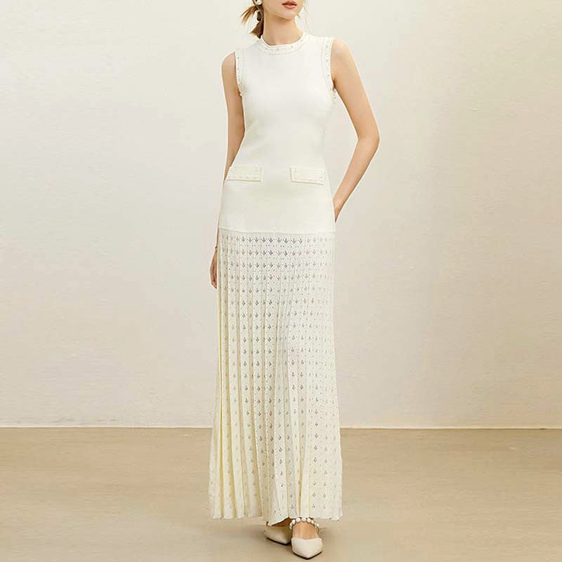 Summer elegant long knitted dress with a round collar sleevless