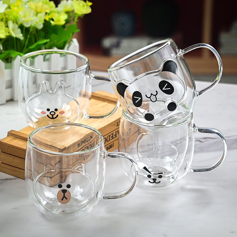 Hermosas tazas de vidrio de doble capa, tazas de menú aisladas de alto silicio con mango, tazas de agua de oficina doméstica, tazas de desayuno, tazas de café