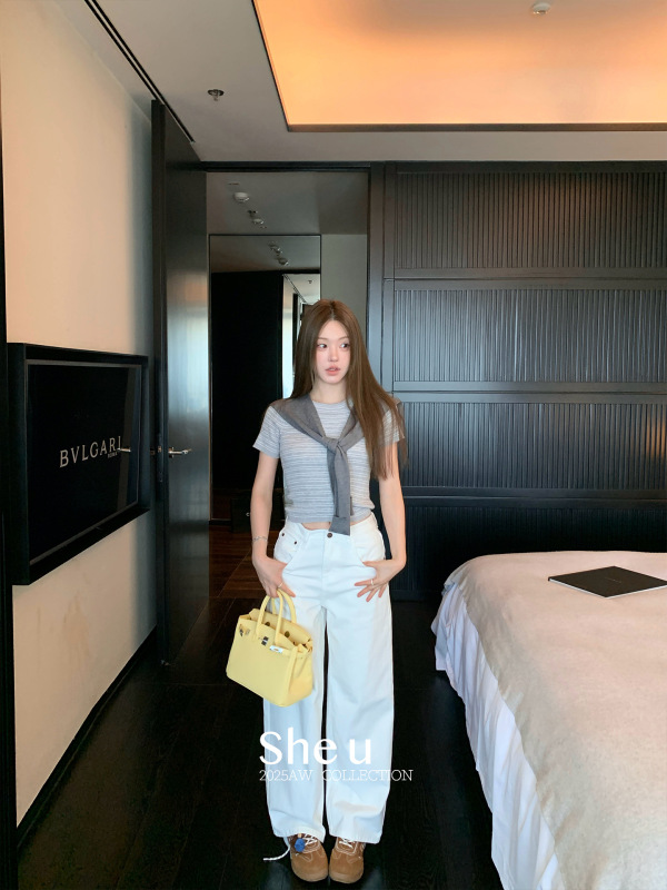 SHE U十三行韩系复古风条纹针织短袖2025秋季百搭修身带披肩小衫|undefined
