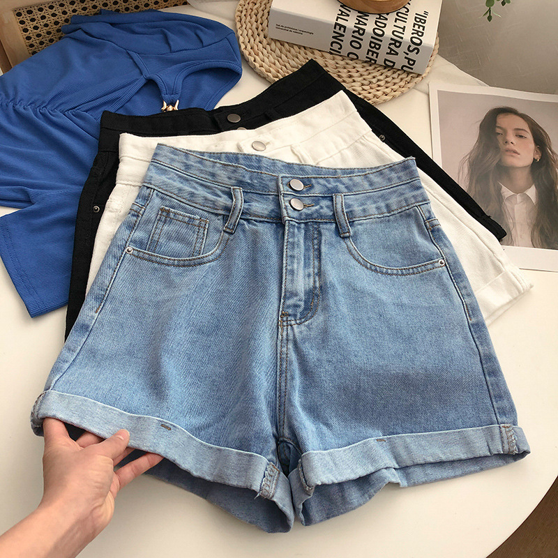 Double Buckle Denim Shorts Women's Summer Thin ins Style Korean Style Super High Waist Slimming Curl Loose Wide Leg A- Line Hot Pants